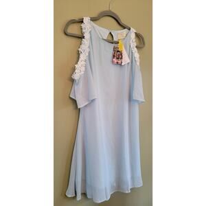 AOFUR Cold Shoulder Chiffon and Lace Dress Light Blue Lined sz Large NEW w TAGS